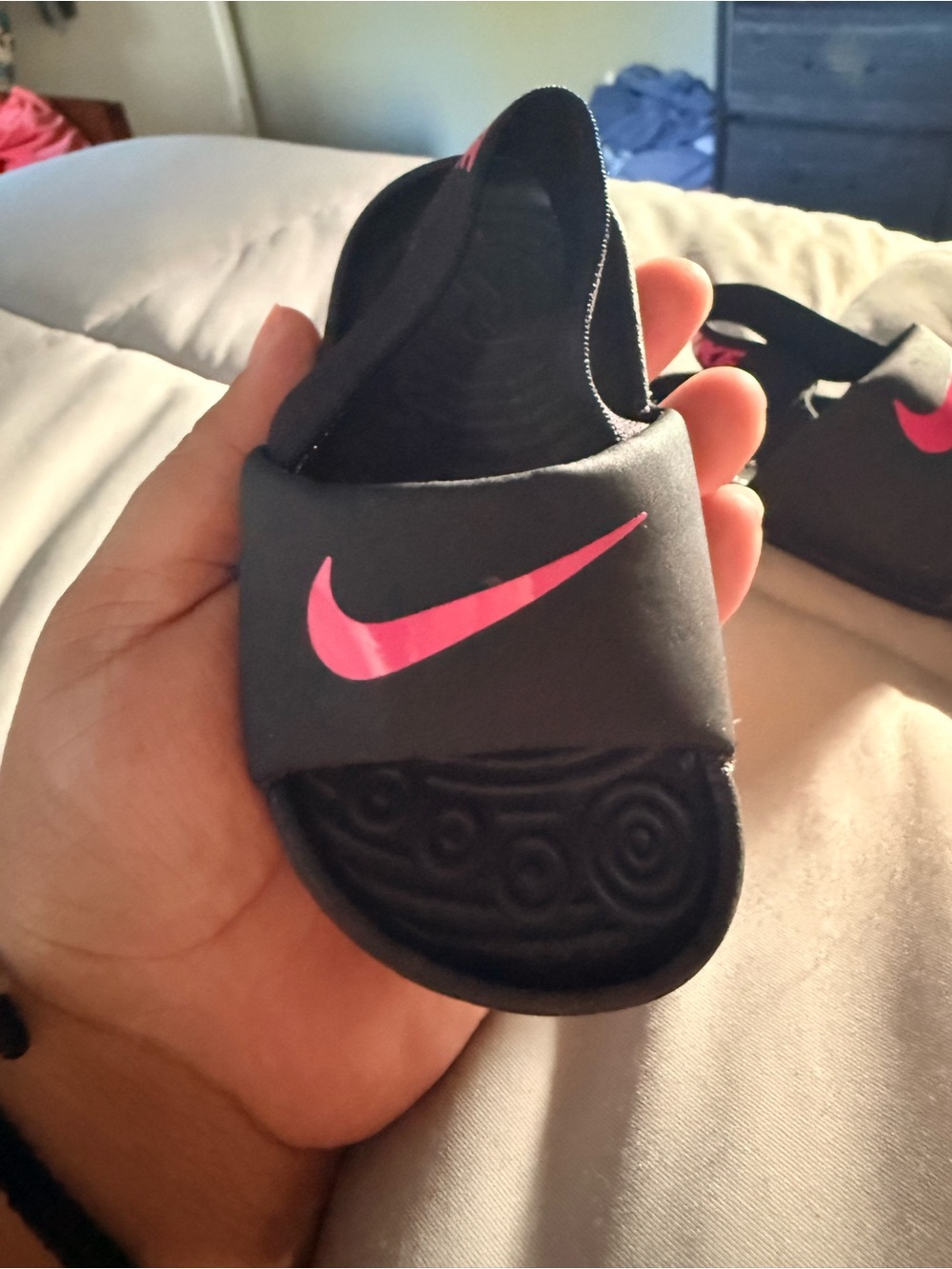 Nike Toddler Black Slide Sandals with Hot Pink Swoosh